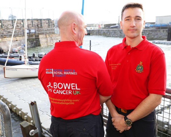 BOSUN DINGHY ENDURANCE CHALLENGE PROMOTIONAL PORTRAITS The second Bosun Dinghy endurance challenge takes place in May 2017. Crew members will be wearing new T-Shirts which show the charity they will be raising funds for 'Bowel Cancer'. *** Local Caption *** Mark Belamarich MBE (L) age 45 from PLymouth and Phil Slade (R) age 32 from Plymouth.