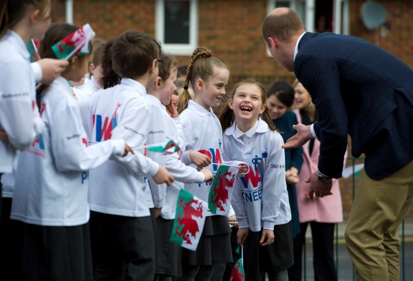 The Duke of Cambridge greets pupils at Llanfoist Fawr Primary School in Wales on St David’s Day at the launch of the SkillForce Prince William Award today.