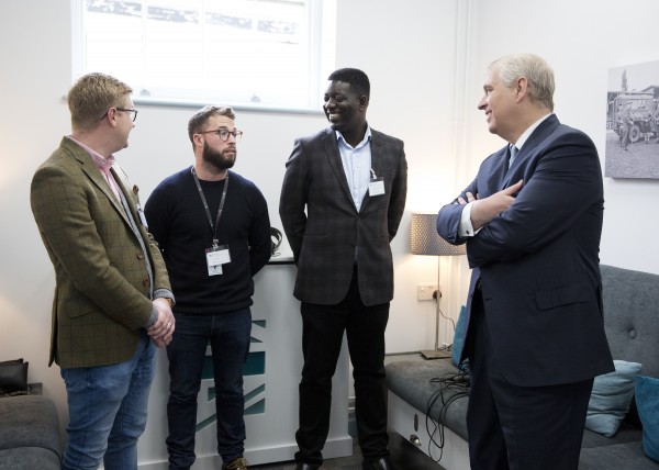 (left to right) Students Freddie Wright-Jones, Joe Healey, and Anthony Bart-App with HRH The Duke of York, at the opening of the Forces Media Academy. 