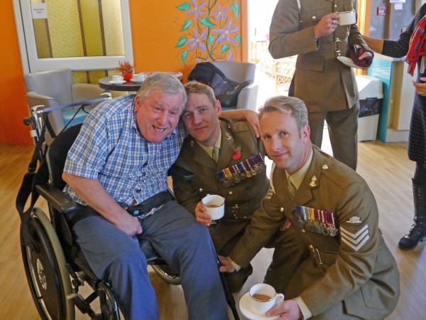 (l-r) Care for Veterans resident, Richard Means, Sgt Major Walker (12 Regiment Royal Artillery) and Sgt Adam Huber (16 Regiment Royal Artillery) 