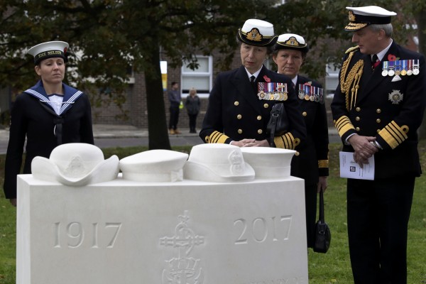 Her Royal Highness The Princess Royal, KG KT GCVO GCStJ QSO GCL CD and First Sea Lord Admiral Sir Philip Jones KCB ADC Royal Navy during the unveiling of the commemorative stone.