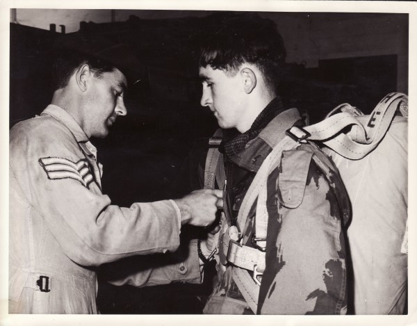 Geoff Deaney preparing for his first parachute jump.