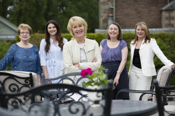 Housing Option Scotland , Housing Charity welcomes Nancy Birtwhistle from Bake Off TV show to their Charity Afternoon Tea at Cromlix House Hotel, Dunblane. Pictured is Nancy with volunteers and staff l to r Christine Jackson, Olivia Lindsay , Nancy , Moira Bayne and Dawn Richardson. Photograph by Martin Shields Tel 07572 457000 www.martinshields.com © Martin Shields