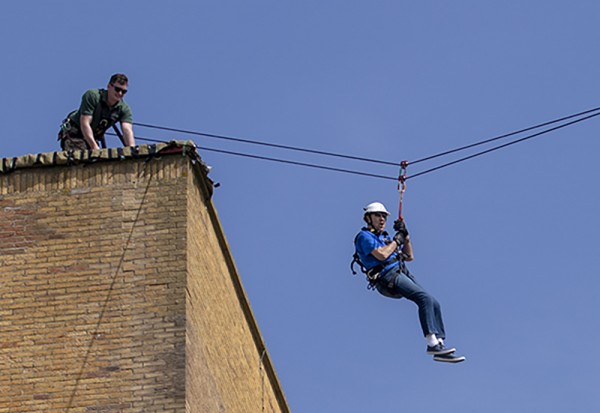 Tony Harbour taking part in the zipwire challenge