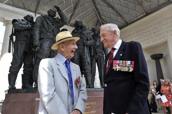 Right, veterans Warrant Officer Cecil ‘Chick’ Chandler and Wg Cdr John Bell chat after the service